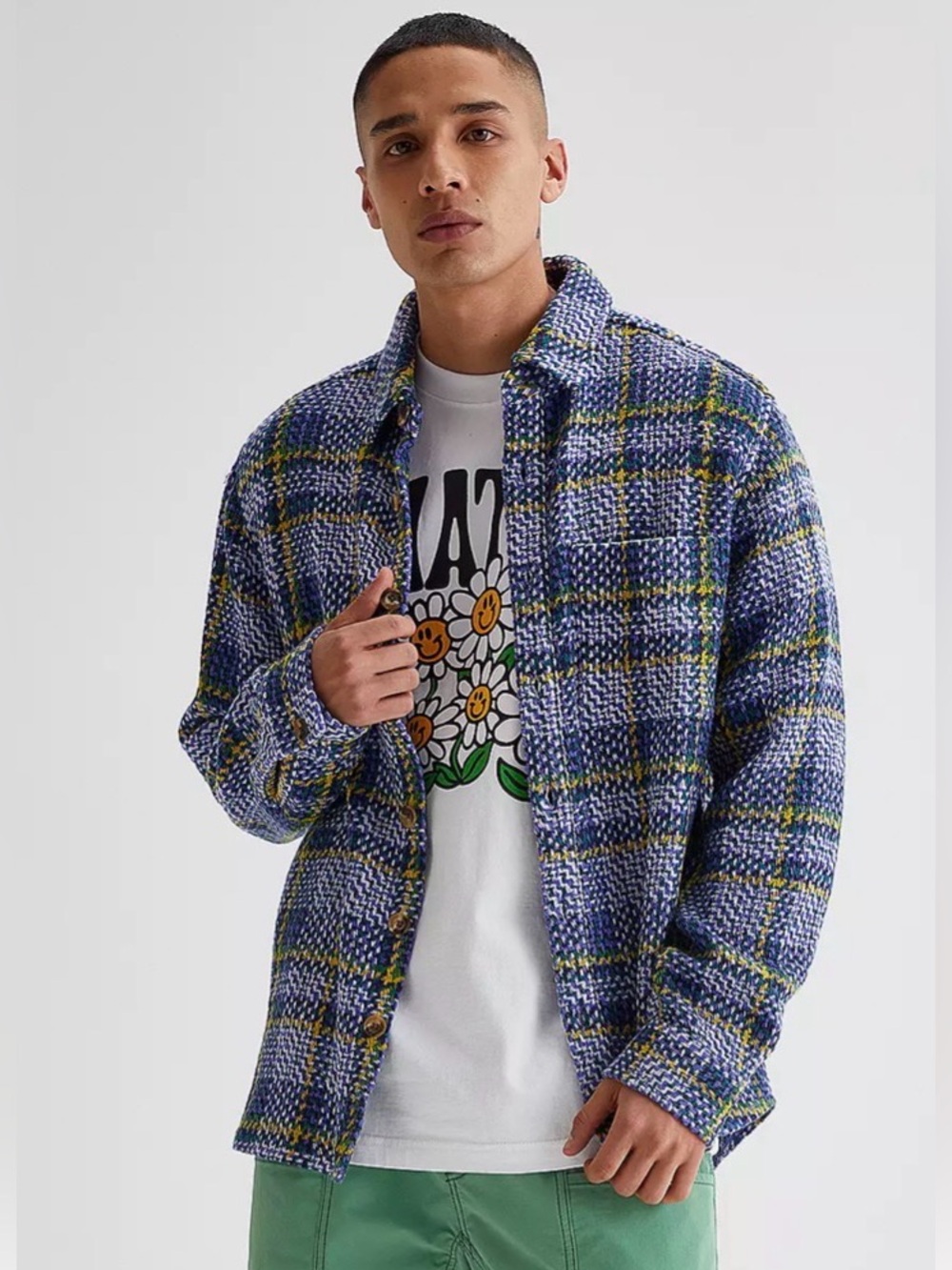 Urban Outfitters Men's Purple Plaid Exploded Woven Checkered Shirt LG Streetwear